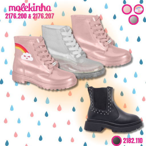 Bota Coturno Tratorada Infantil Menina Molekinha PVC Perolado Multicolor Cristal Dias Chuvosos