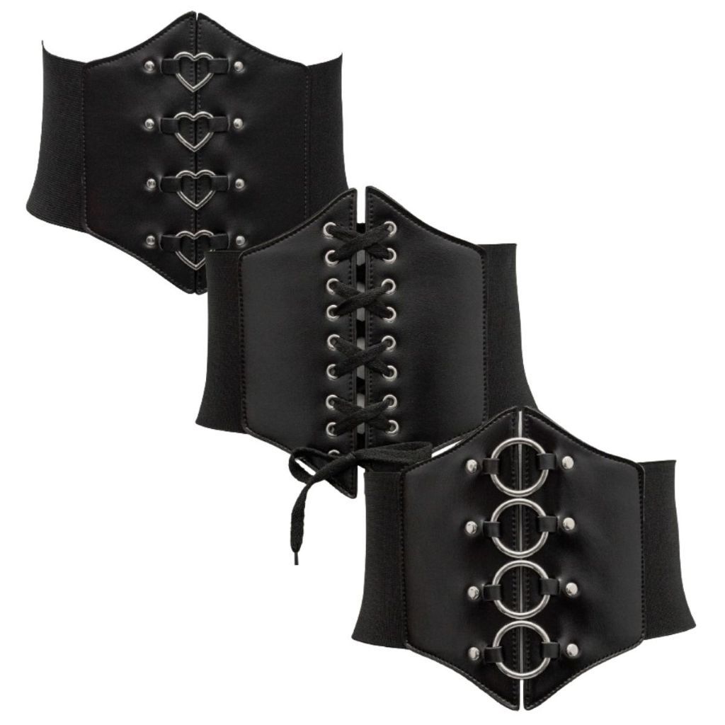 Kit 3 Corsets Espartilho Feminino Gótico Couro Ecológico  com Cadarço Argolas  Corações Alternativo