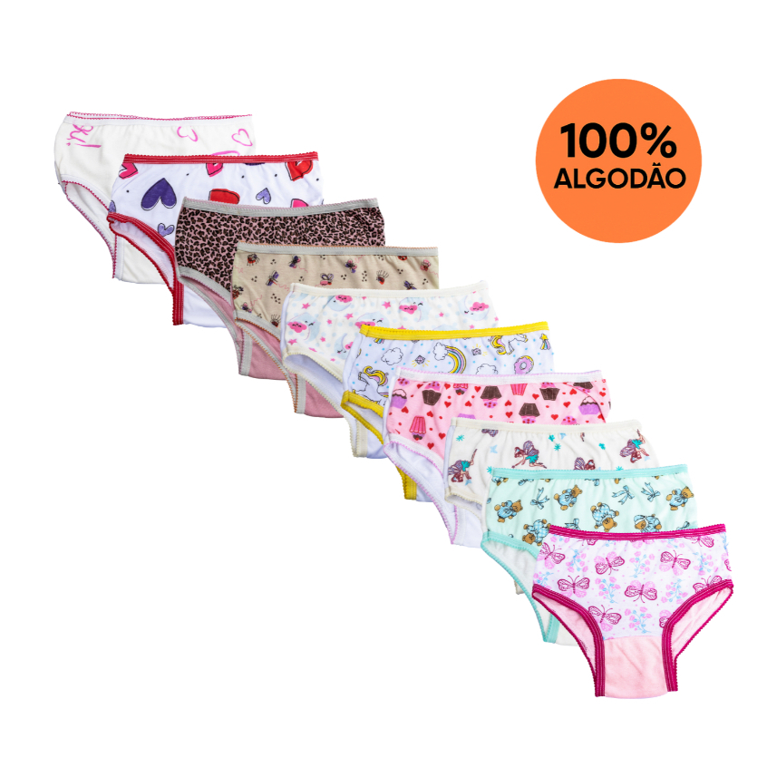 Kit 10,12 ou 20 calcinha infantil menina em 100%  algodão estampadas em Oferta na Shopee