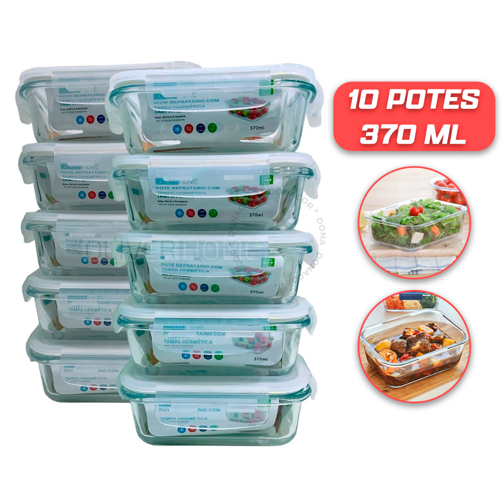 Imagem Conjunto 10 Potes Vidro Hermético mantimentos marmita 370ml - Pote Hermético - marmita