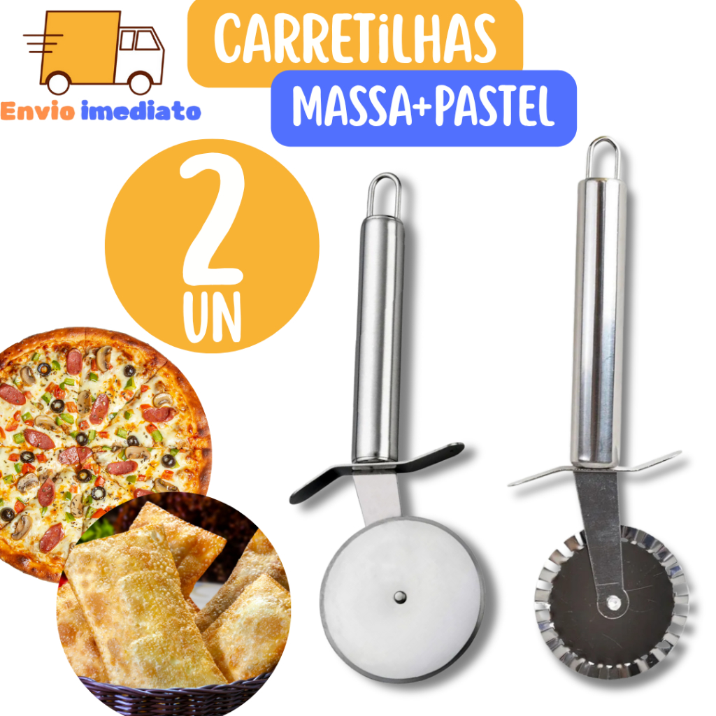 kit 2 Carretilha Cortadores Em Aço Inox  Cortar Massas Pastel Pizzas e Fechador de Pastel