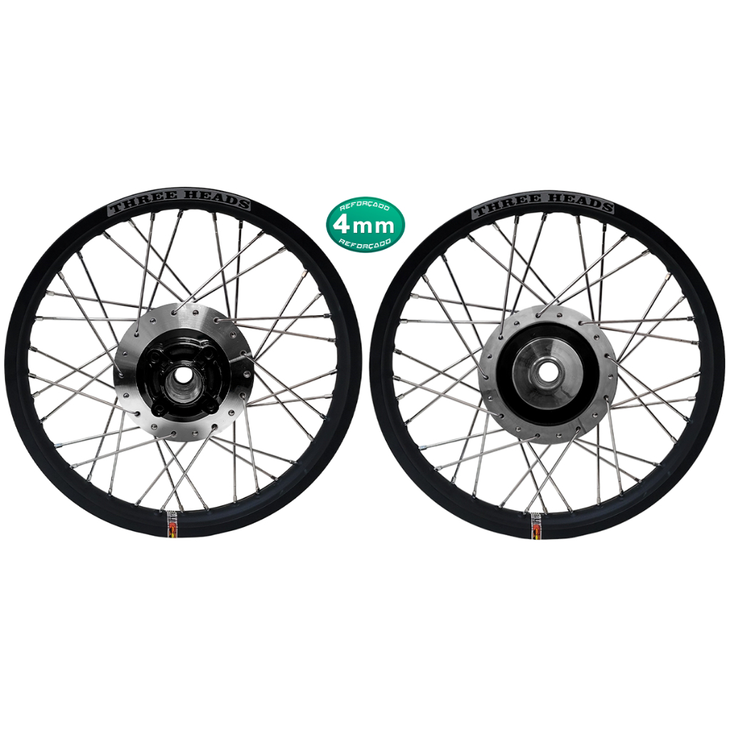 Par Roda Three Heads Preto Fosco Disco ou Tambor Diamantado Fan 125 09 Raios 4mm Cromado