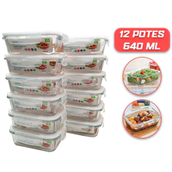 Kit 12 Potes de Vidro 640ml Hermético Marmita Fit com Tampa 4 Travas Oliver Home