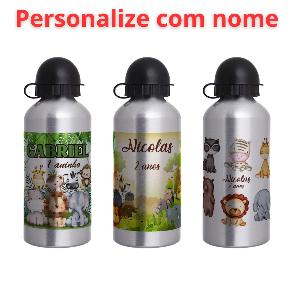 Garrafa Squeeze Infantil de alumínio  com 500ml  - Personalizada com nome - Safari em Oferta na Shopee
