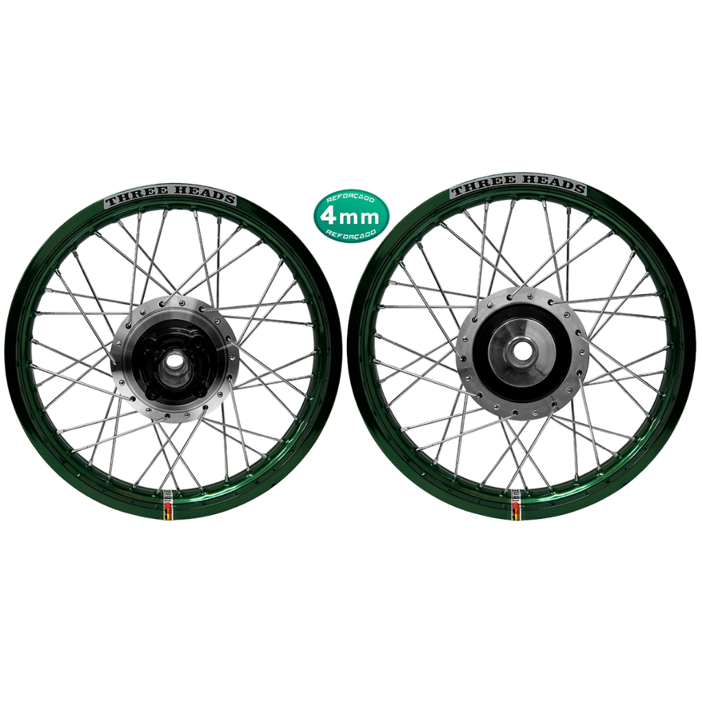 Par Roda Three Heads Verde Musgo Disco ou Tambor Diamantado Fan 125 09 Raios 4mm Cromado