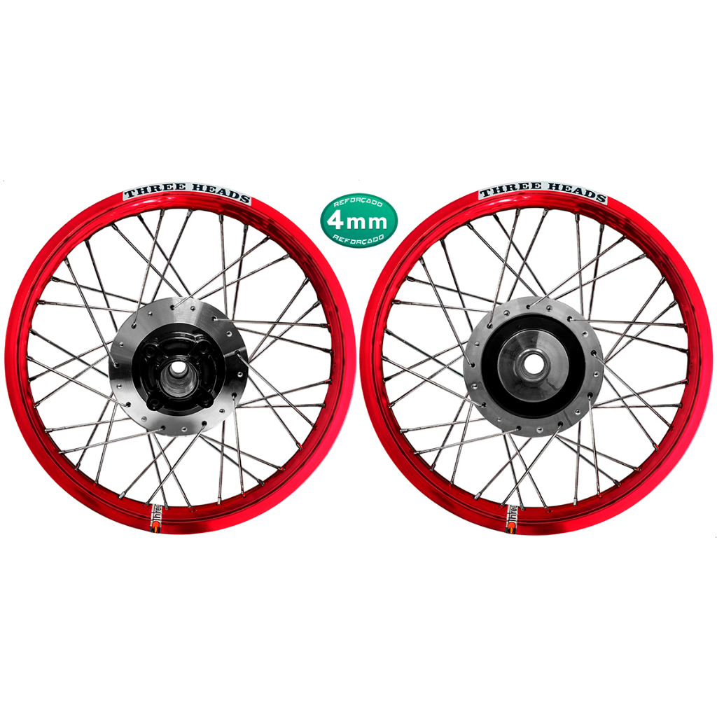 Par Roda Three Heads Vermelho Disco ou Tambor Diamantado Fan 125 09 Raios 4mm Cromado