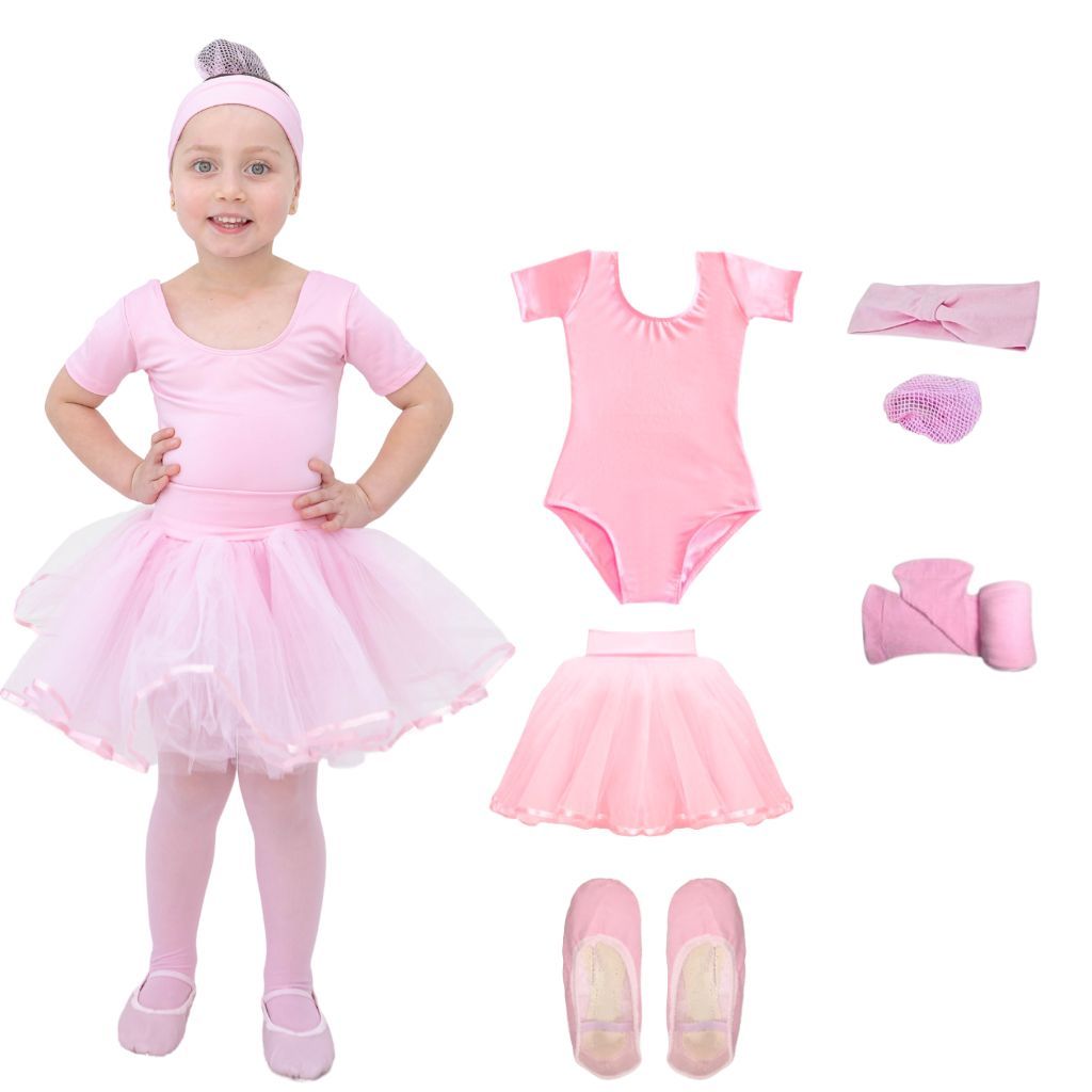 Kit Ballet Infantil 6 Itens: Collant Meia Manga, Saia de Tulle, Sapatilha Courino Sola reta, Rede e Faixa