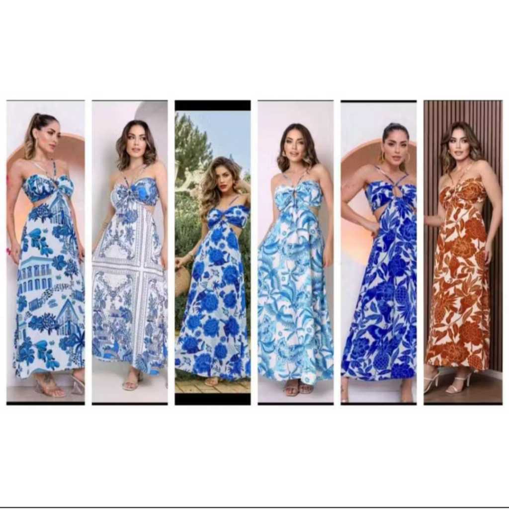 Vestido Longo Estampada Longo Alça Com Bojos Vazado Novo Verao Moda em Oferta na Shopee