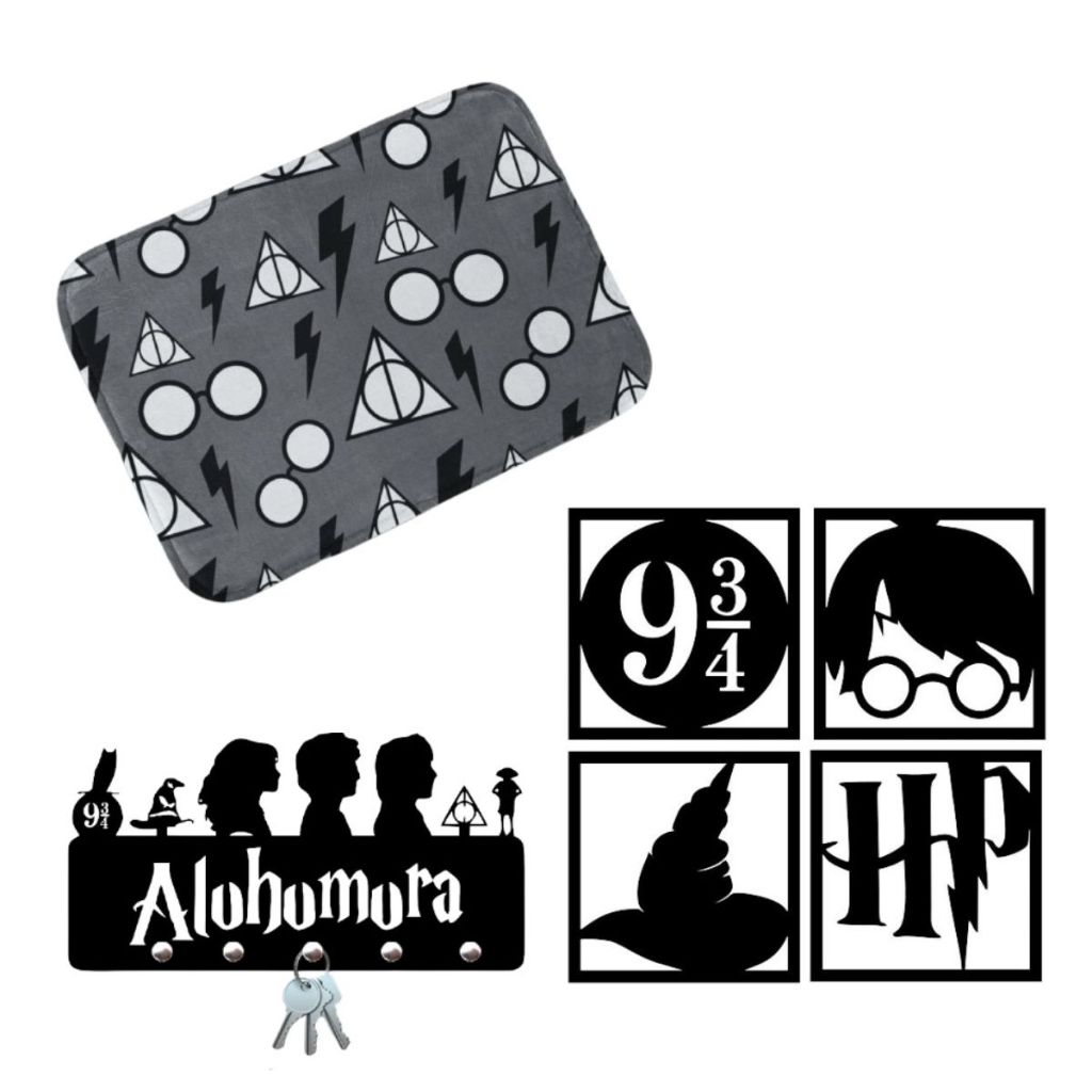 Kit com 4 Quadros 1 Porta Chaves 1 Tapete de Entrada Harry Potter Decorativo
