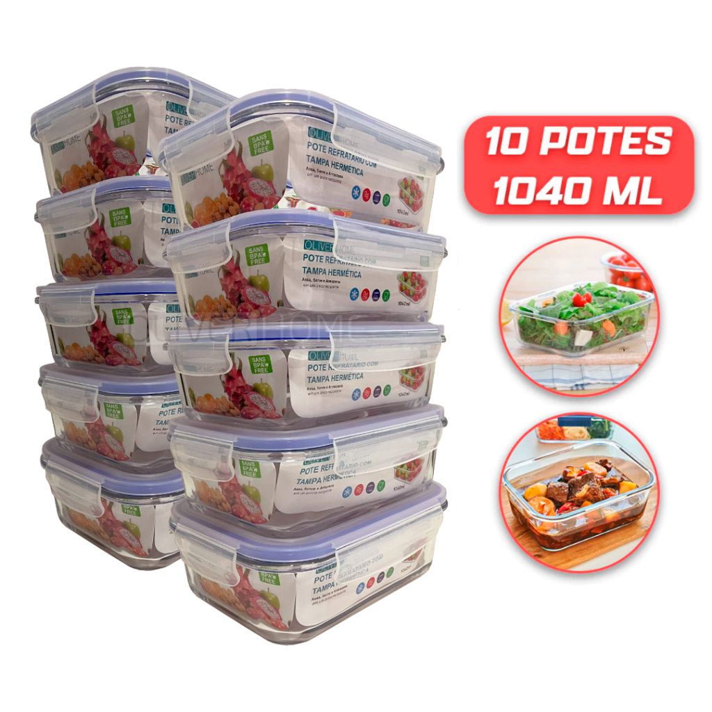 Conjunto Com Potes Vidro 1040ml Hermético Marmita 4 Trava