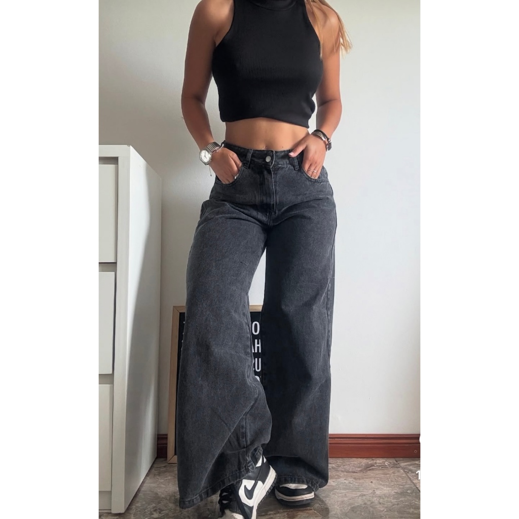 Calça Jeans Feminina Wide Leg Pantalona Cinza Grafite