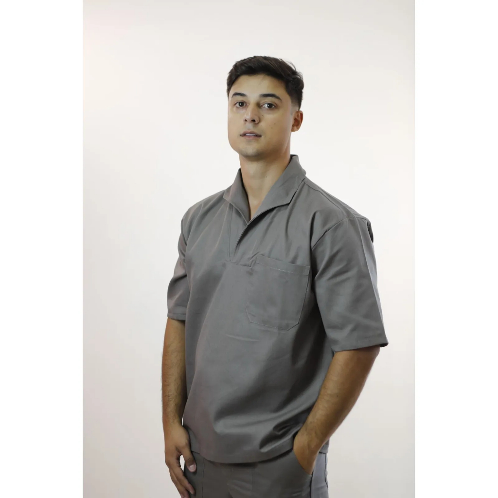 Camisa Masculina Jaleco Gola Italiana Operacional - brim leve - Cinza Manga Curta com Bolso Uniforme