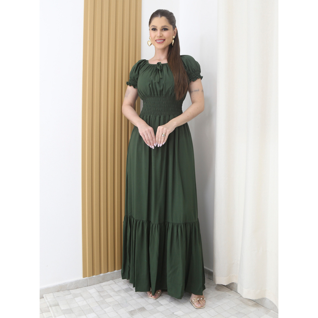Vestido Longo Manga Bufante Elástico