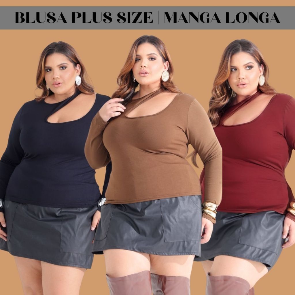 Blusa Plus Size Feminina Manga Longa Decote Choker Elegante Viscolycra Preto Vinho Marrom em Oferta na Shopee