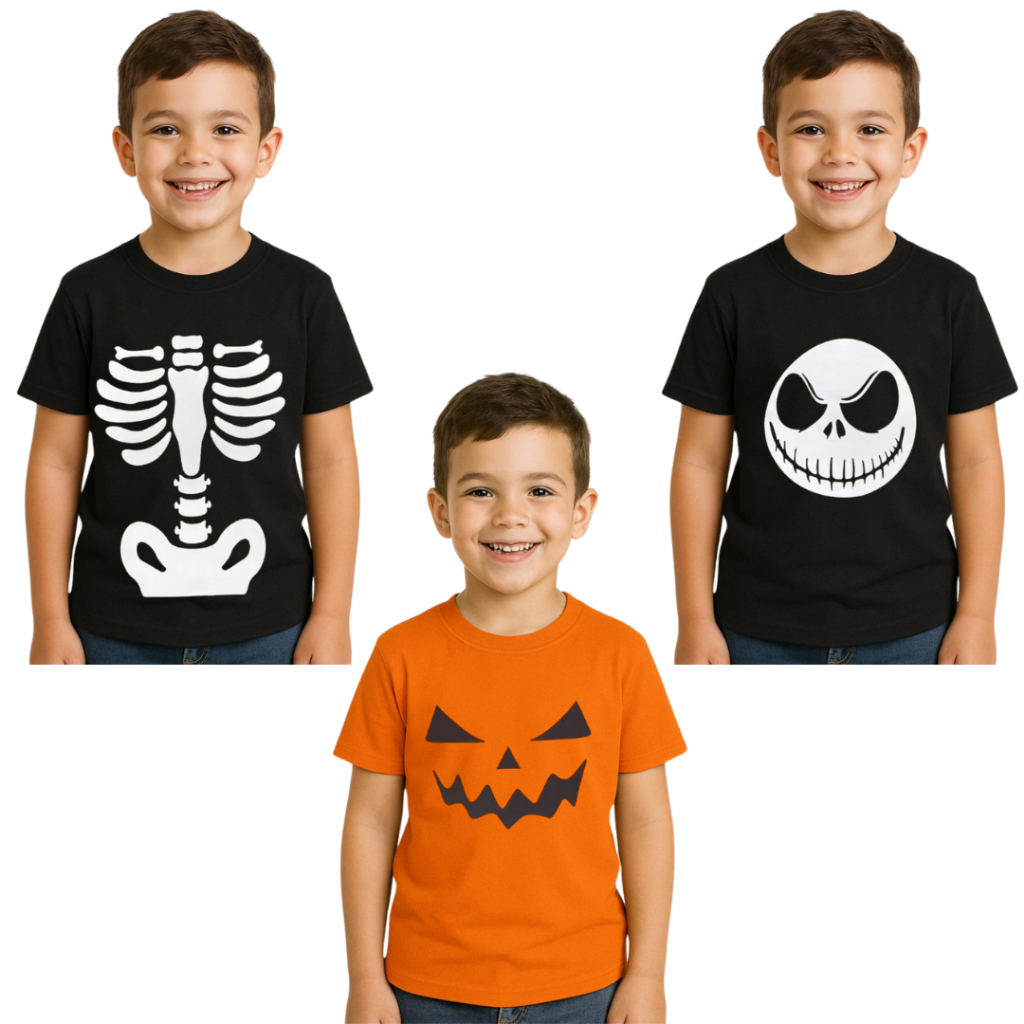 Camisa Camiseta Infantil Halloween Fantasia Personagens Esqueleto Abobora Caveira Bruxa