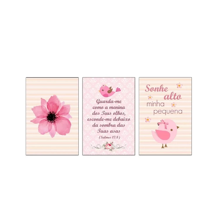 Quadro Decorativo Flor Passarinho Jardim Borboleta Doce Delicado Infantil Menina