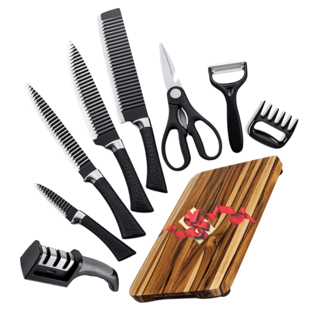 Imagem Kit Facas de Cozinha Churrasco Profissional com Tábua Grátis | Aço Inox, Chef, Cutelo e Tesoura