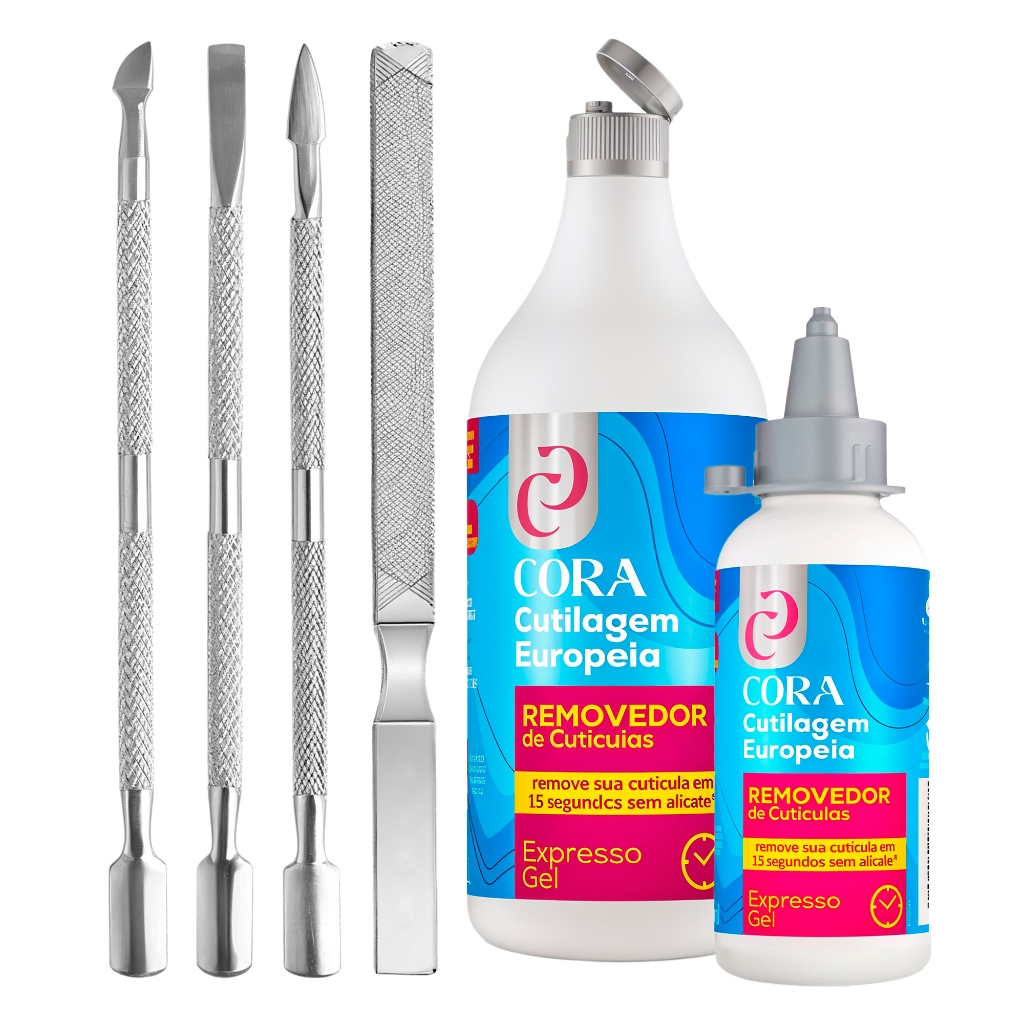 Kit Completo Pedicure Manicure Refil Removedor Cutícula Expresso Gel + 04 Instrumentos Rosa Aço Inox