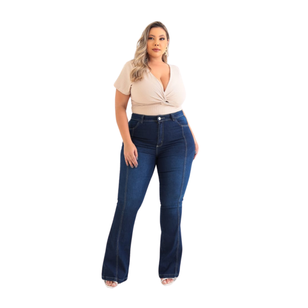 Calça Feminina Flare Jeans Azulão Com Nervura Plus Size em Oferta na Shopee