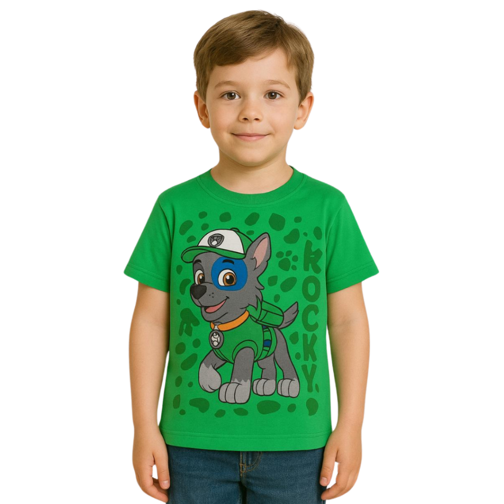 Camisa Camiseta Infantil Rocky Patrulha Canina Personagens Meninos Naruto Homem Aranha Bolofofos