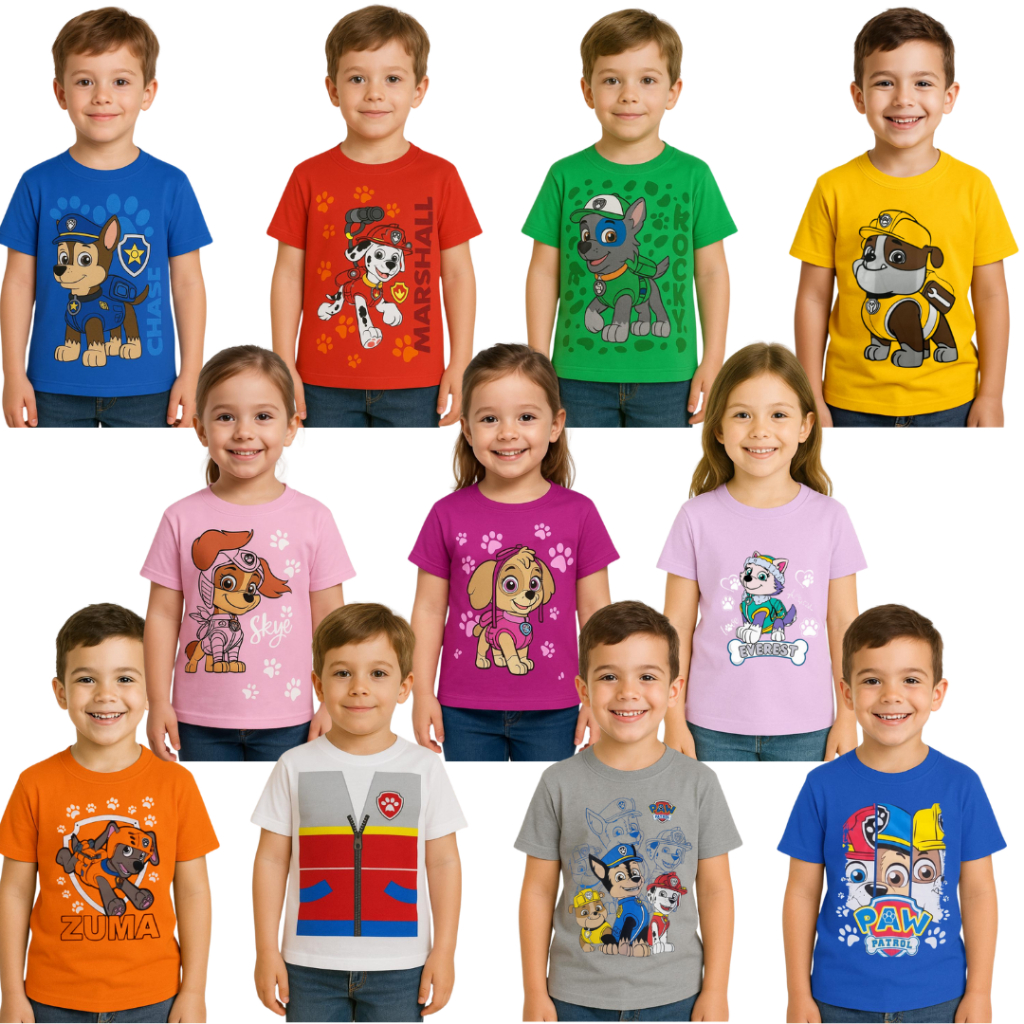 Camiseta camisa Infantil Patrulha Canina Fantasia Personagens Marshal Ryder Rublbe Rocky Sky Zuma