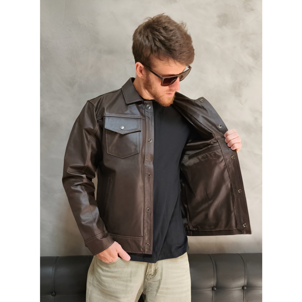 Jaqueta Masculina Couro legítimo bovino 2 bolsos preta estilosa couro de qualidade!