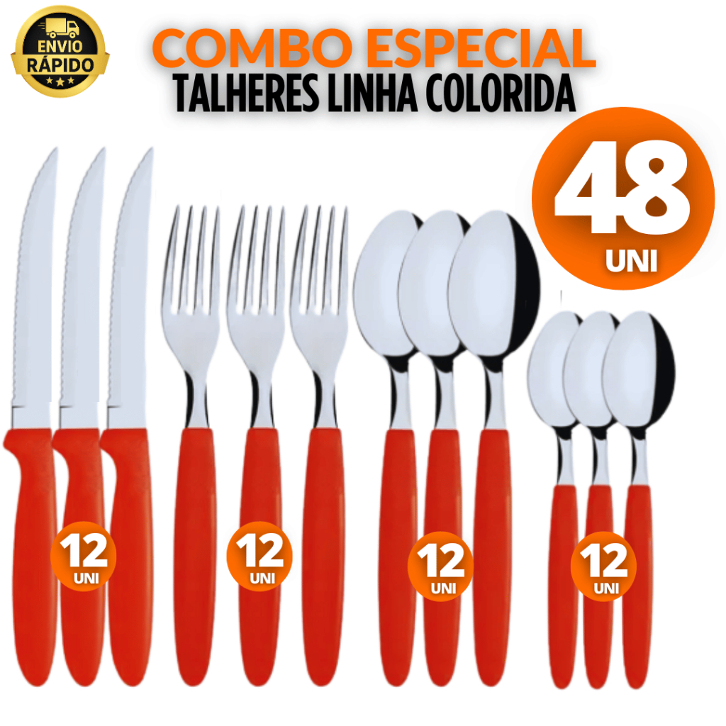 48 Talher 12 Colher Chá 12 Garfo 12 Colher 12 Faca Linha Colorida Vermelho Cabo Plástico Utilidades