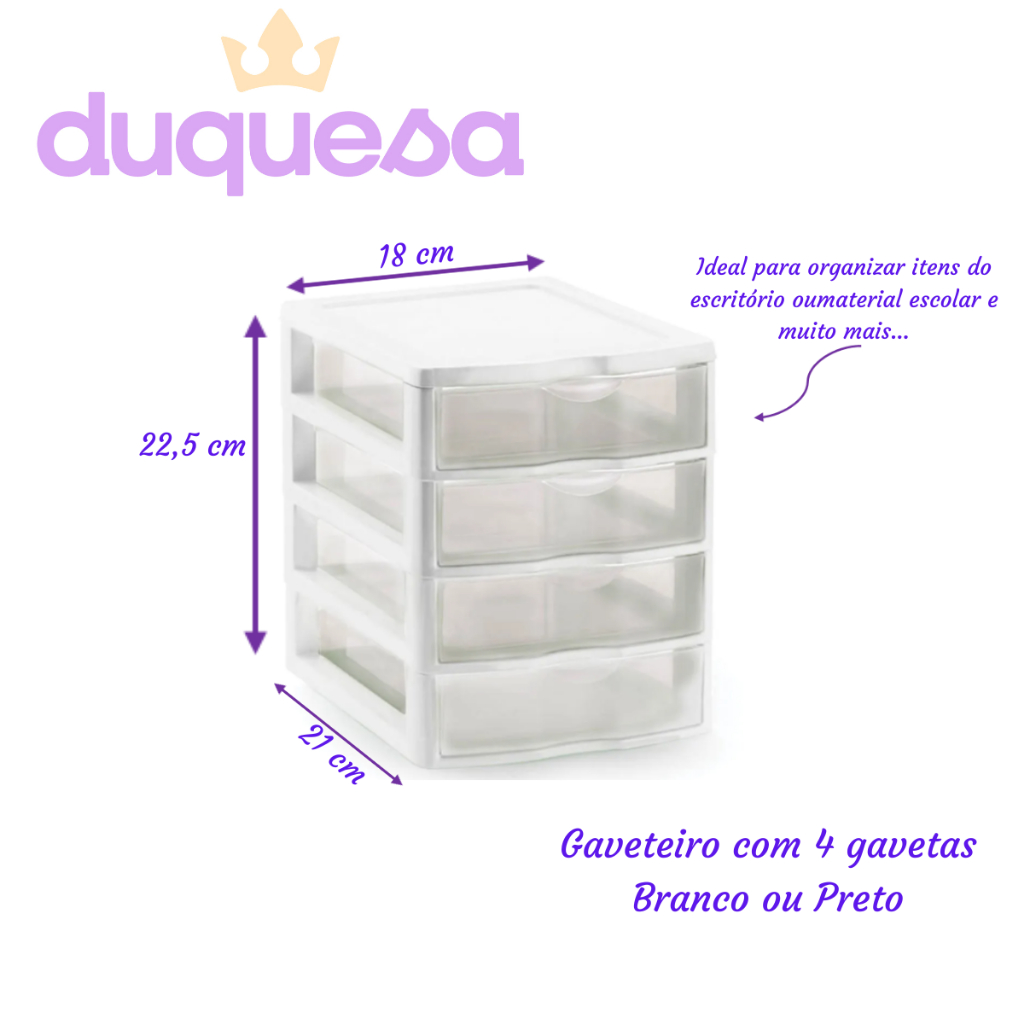 1 Gaveteiro com 4 gavetas Organizador Escritorio Aviamento Material Escolar Armazenamento Multiuso