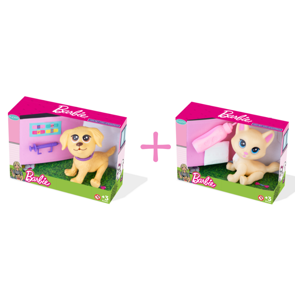 Brinquedo Kit Barbie Mini Pet com Acessórios Honey e Creme Claro Mattel Pupee Brinquedos