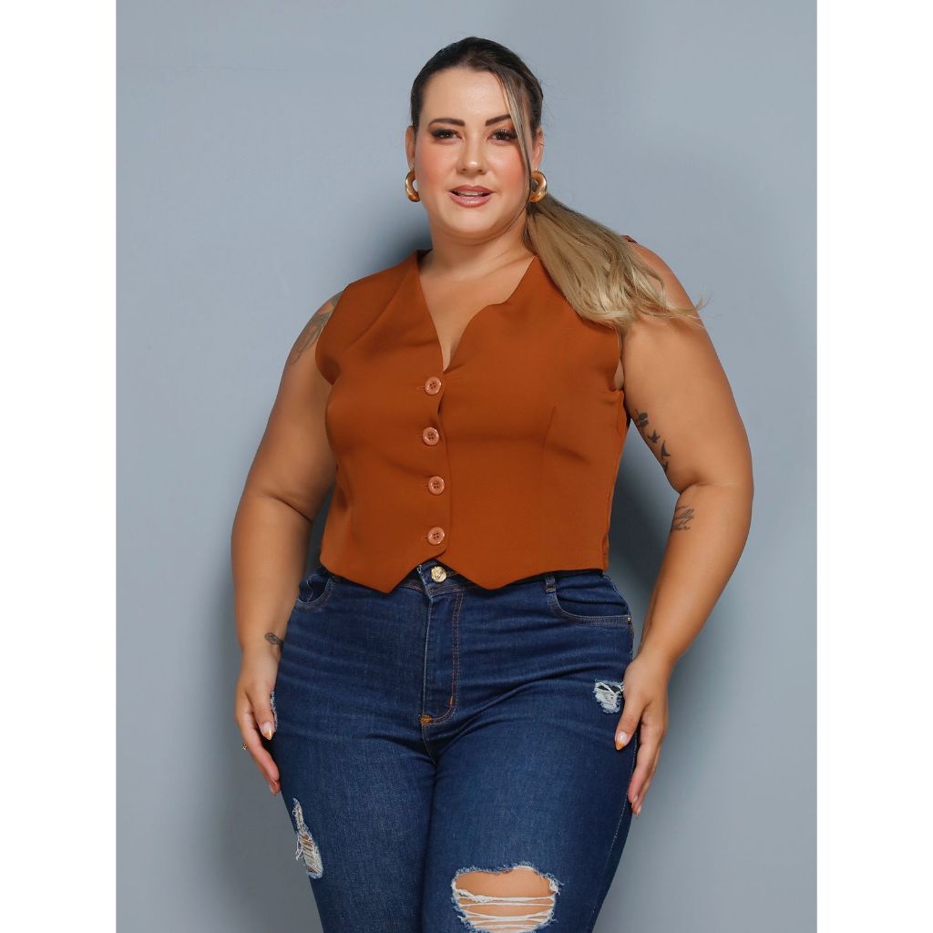 Coletinho Curto Plus Size Feminino Social Alfaiataria Colete Forrado Com Botões plus