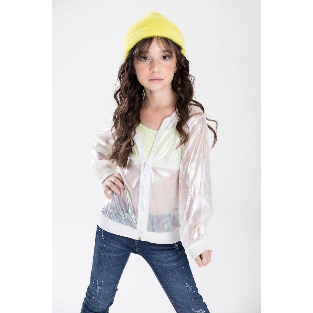 Jaqueta Holográfica Corta Vento Infantil Menina resistente a água com Capuz