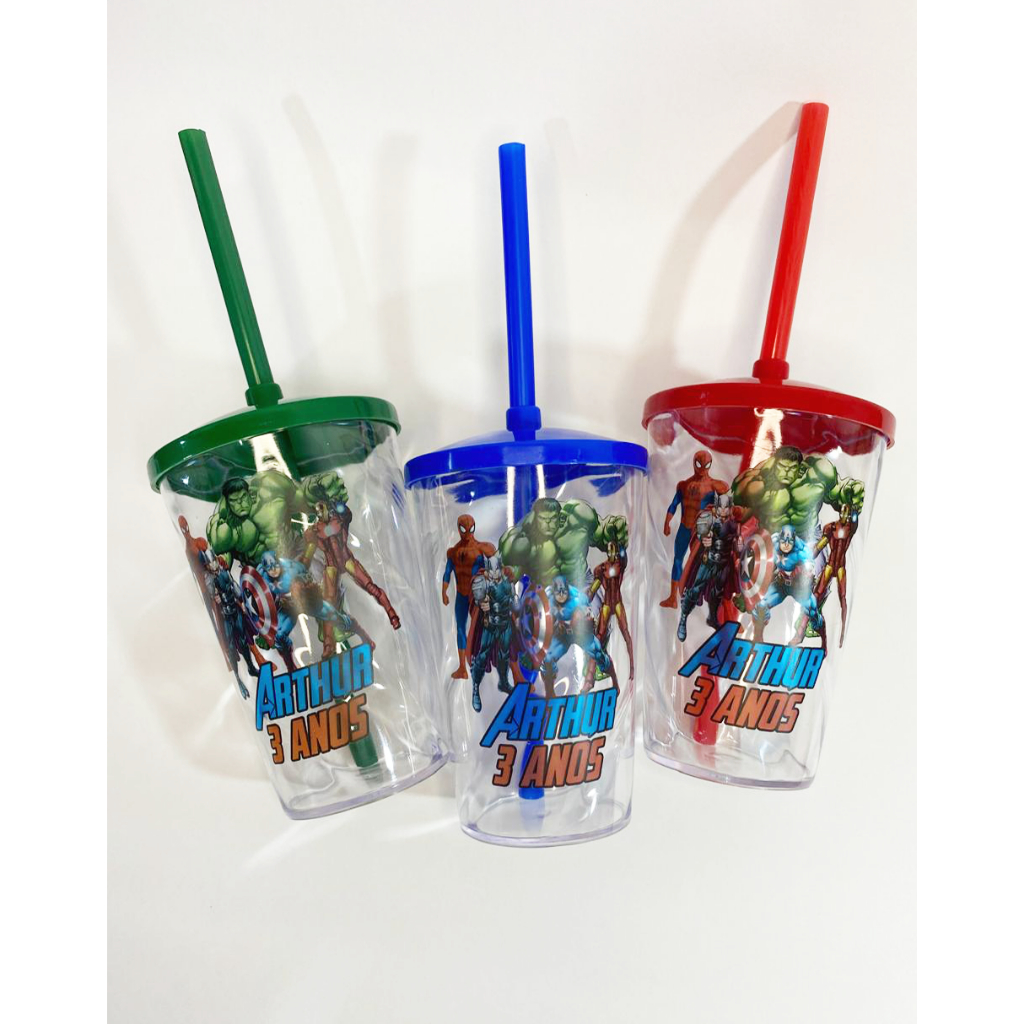 Copo Twister Shake Personalizado Heróis - Com Tampa e Canudo Festa Infantil