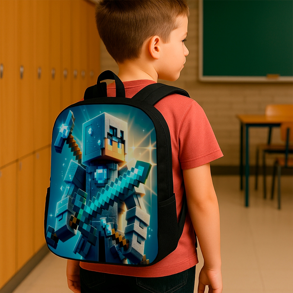 Mochila Escolar e Estojo Infantil Creche Passeio Pequena Versátil 10 Litros Pratica Estampa Minecraft