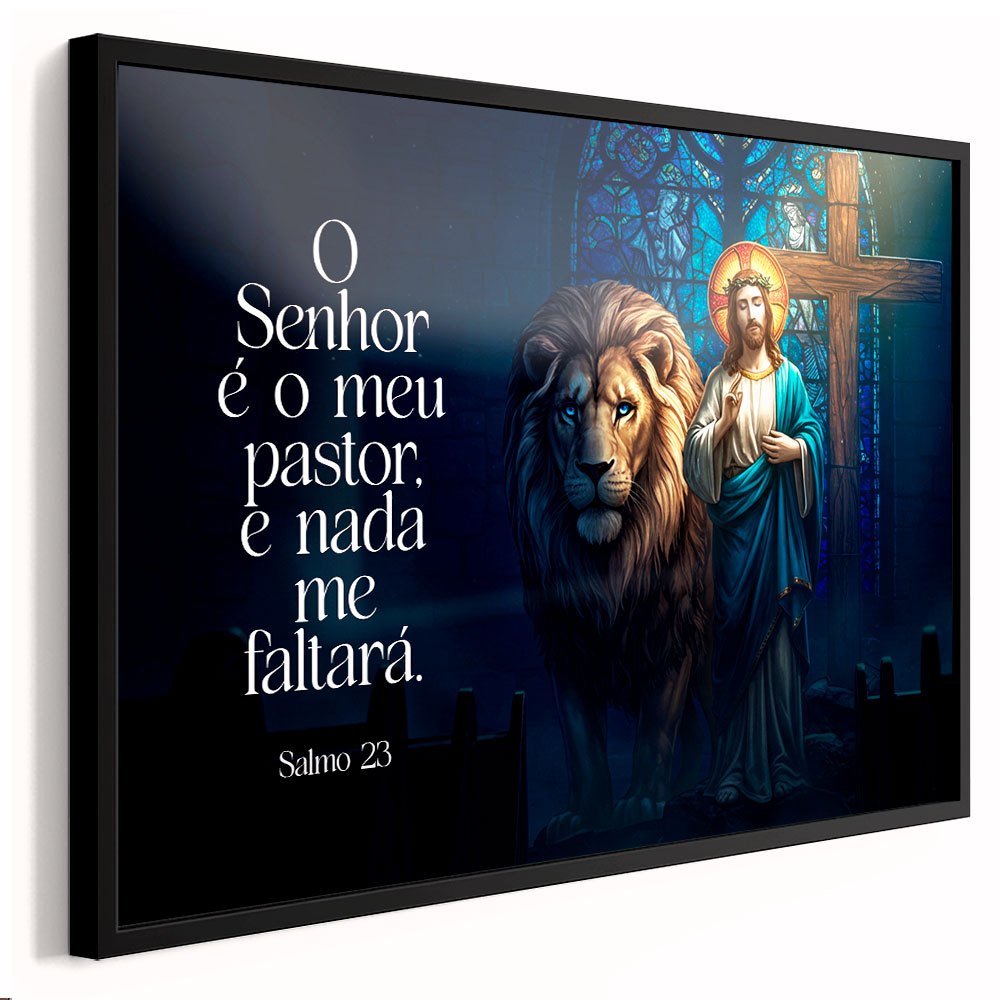 Quadro decorativo "O senhor é meu pastor, e nada me faltará." Leão e Jesus manto sagrado cruz 1 peça