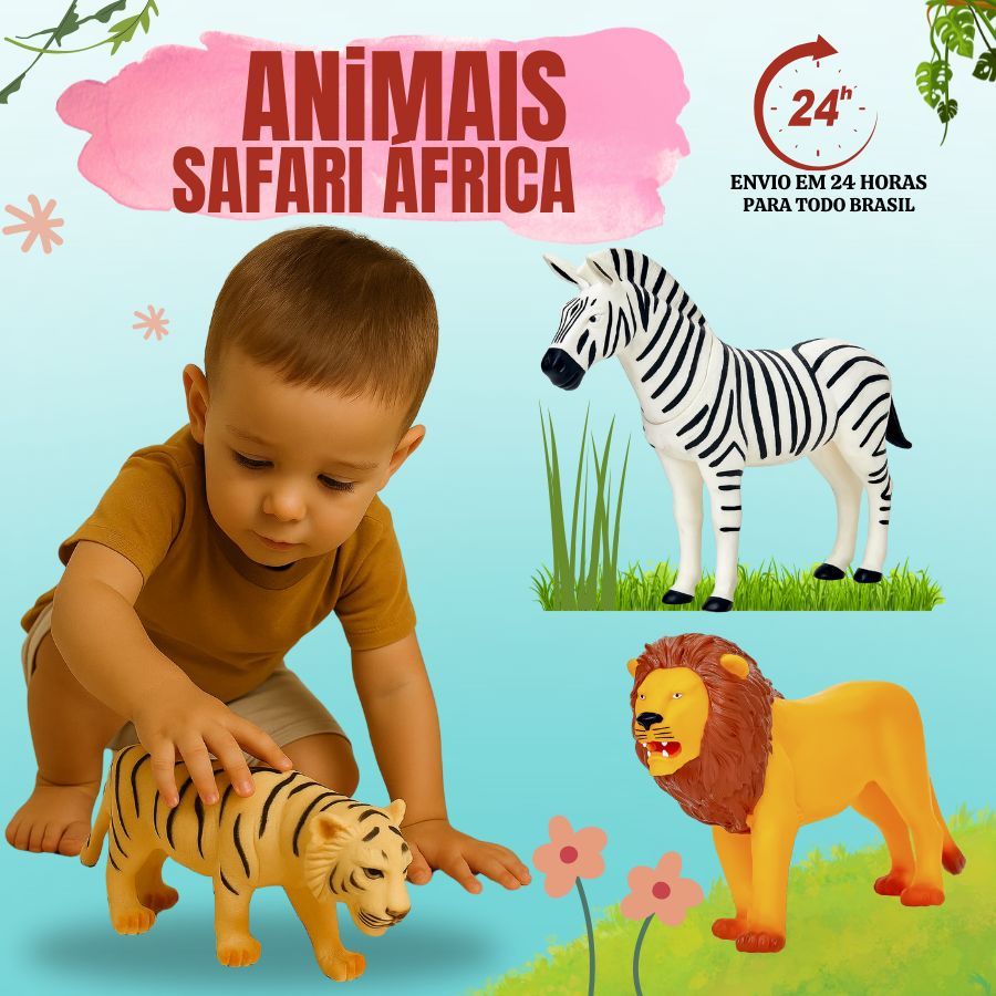Brinquedos Safari Leão + Zebra + Tigre Bichos Grandes Em Vinil Macio Animais Da Selva Zoo
