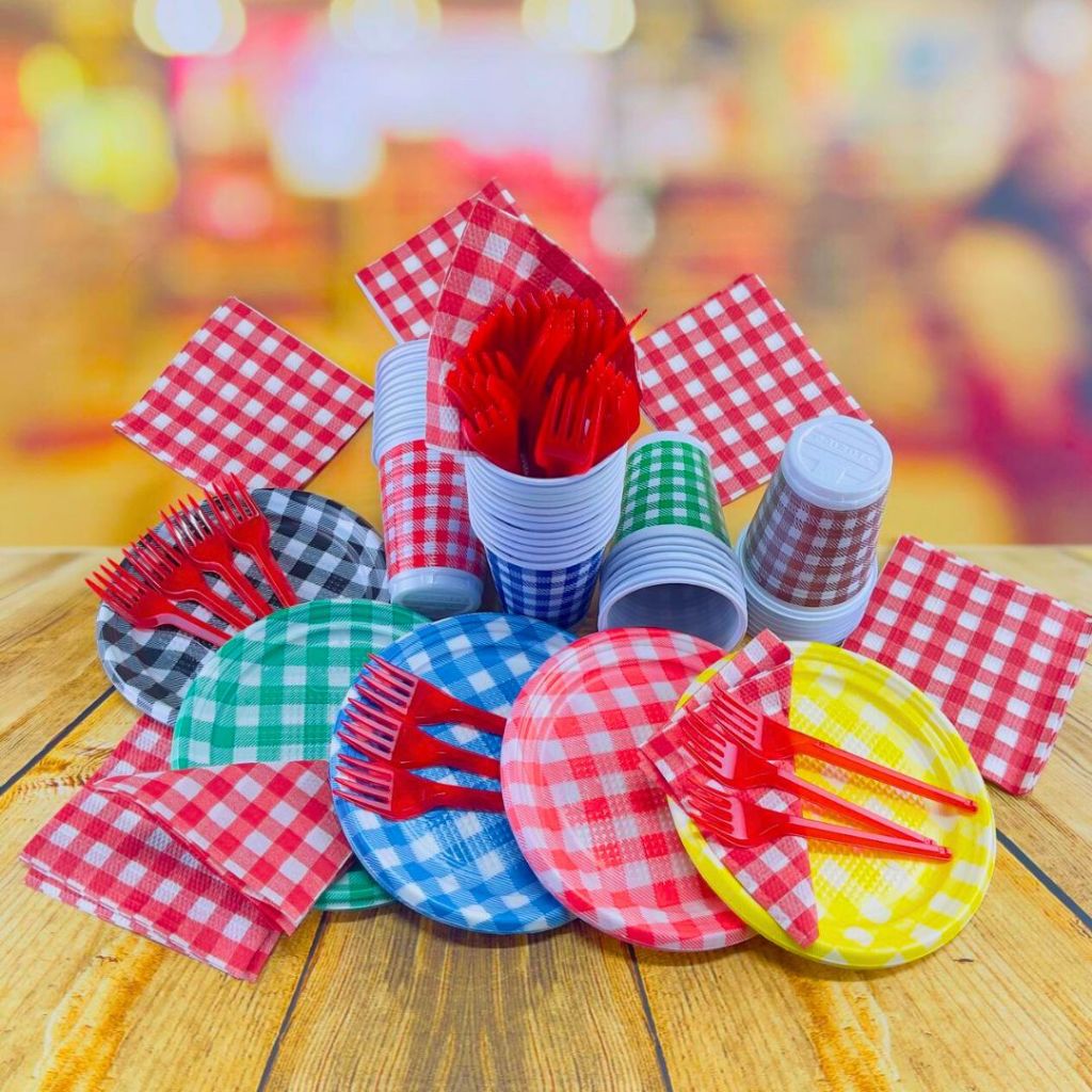 KIT FESTA JUNINA 50 PESSOAS DESCARTAVEIS VARIADOS 50 GARFO+50 PRATO+50 COPO+50 GUARDANAPO em Oferta na Shopee
