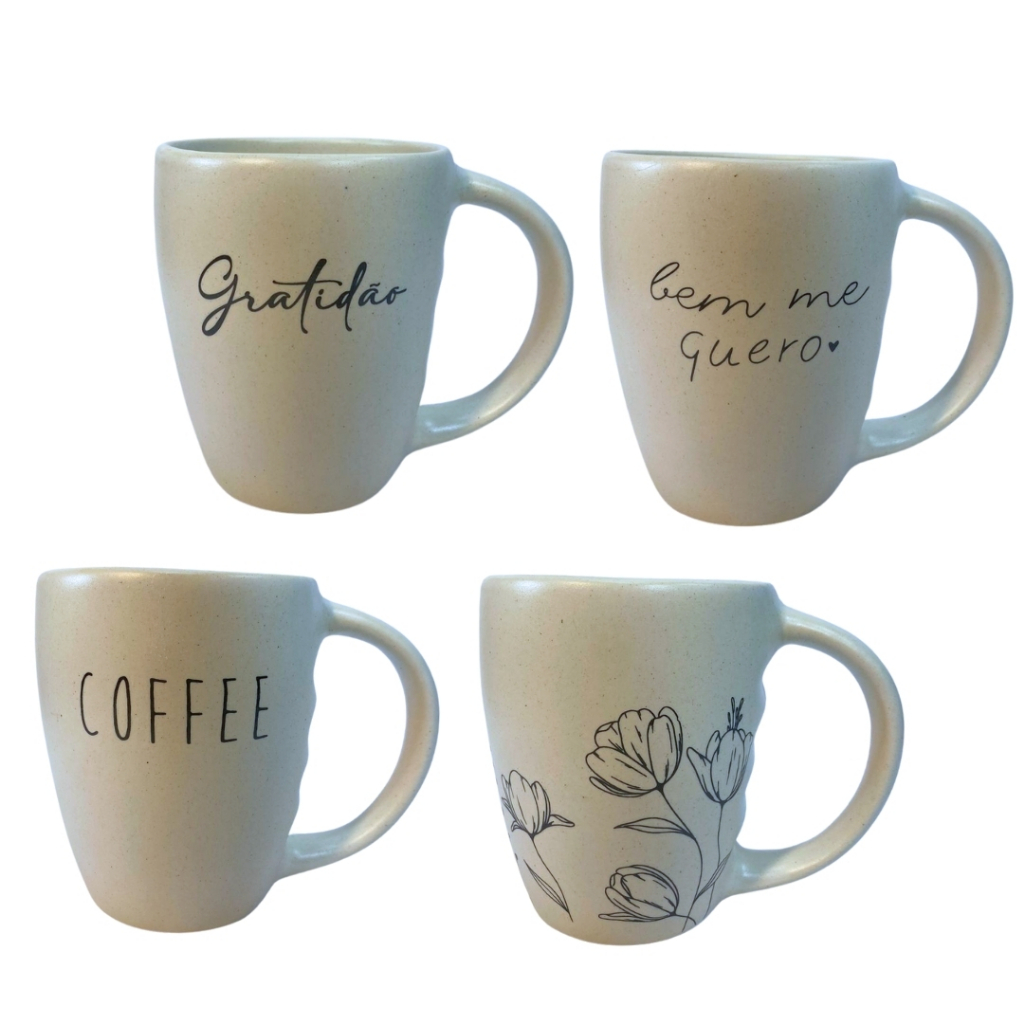 Jogo 4 Caneca Porcelana Fosca 300ml Para Cappuccino Café Mesa Posta Decoração Só Art's®
