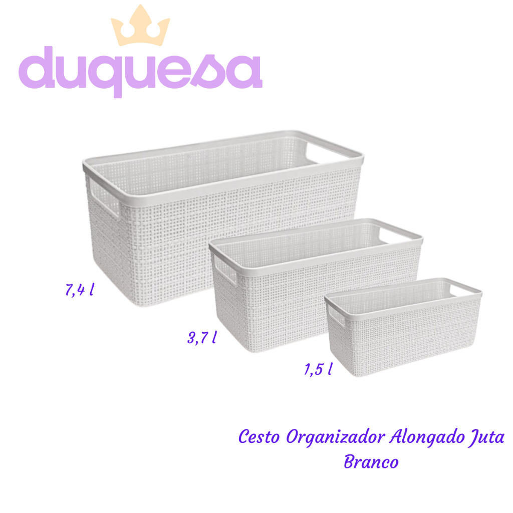 Cesto Organizador Alongado de Juta Branco Multiuso