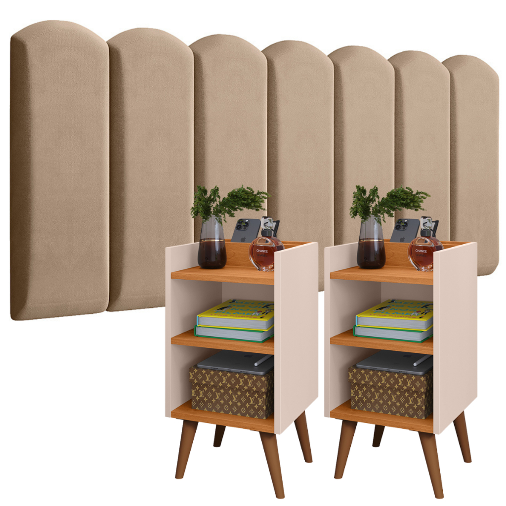 Conjunto 2 Unidades Mesa de Cabeceira Nicho Porta treco Celular Organizador Max + Kit de Módulo NUVEM Estofada Adesiva