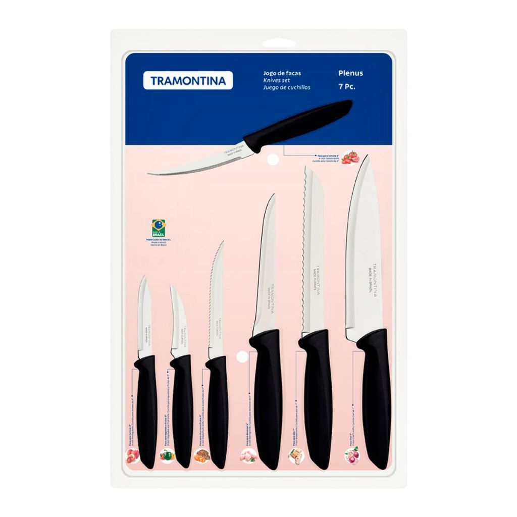 Jogo De Facas Tramontina Plenus Cozinha 7pçs Em Aço Inox Cor Preto