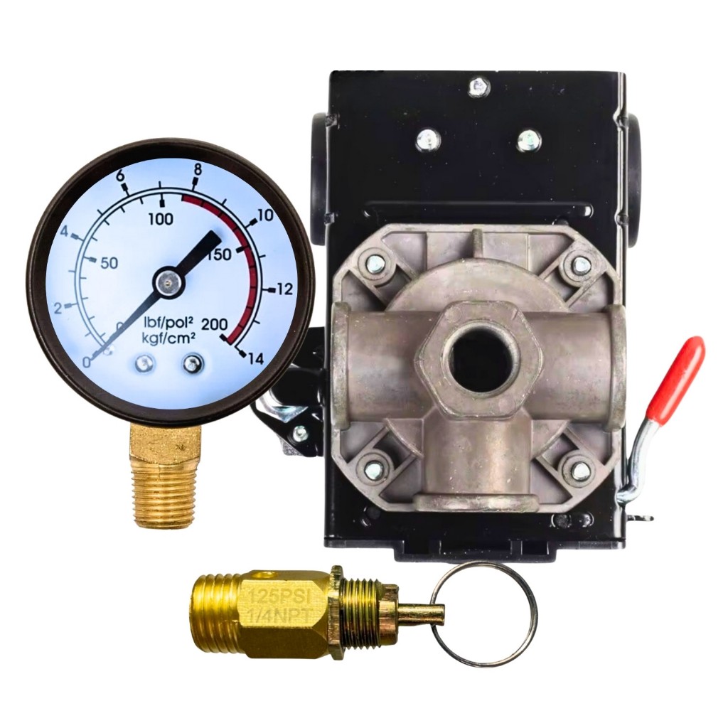 Kit Para Compressor Baixa Pressão Com Pressostato 80/120 PSI 4 Vias Manômetro e Válvula de Segurança em Oferta na Shopee