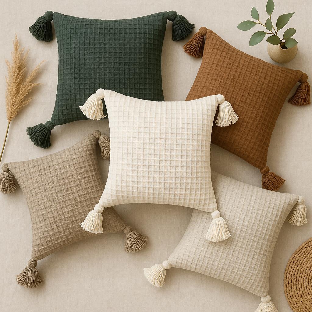 Capa de almofada boho 45x45 pompom piquet cru algodão bohochic