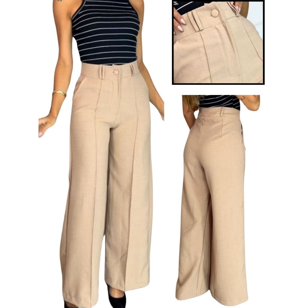 Calça Feminina Pantalona Linho Cintura Alta Social - Tendencia 2026