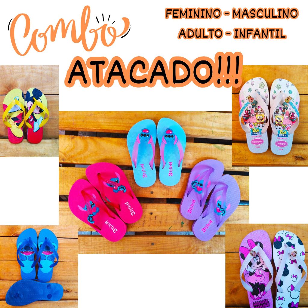 Kit Atacado 12 Pares Chinelo Sandalia de Dedo pra Revenda - Feminino Masculino Adulto Infantil Juvenil MELHOR PREÇO