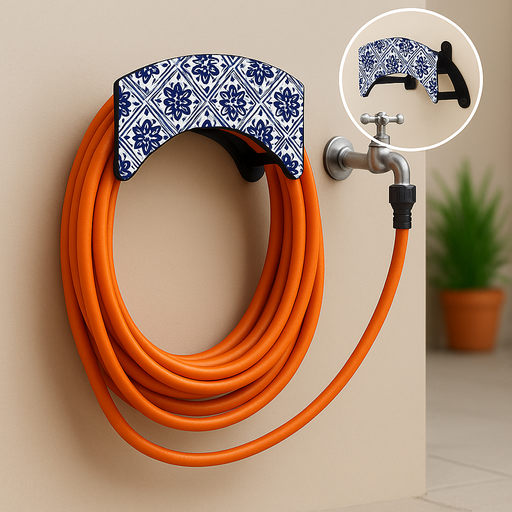 Suporte Fixo De Parede Meia Lua Para Enrolar Mangueira Jardim Quintal Azulejo Grego