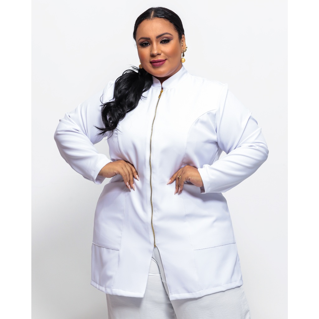Jaleco Feminino Manga Longa com Zíper Dourado Slim Tecido Alfaiataria com Elastano Plus Si...