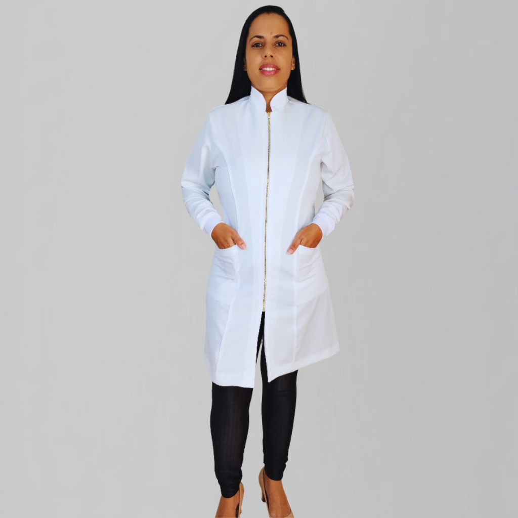 Jaleco Feminino Acinturado De Gabardine Com Zíper E Punhos Na Manga Branco Preto Azul Marinho Nude em Oferta na Shopee