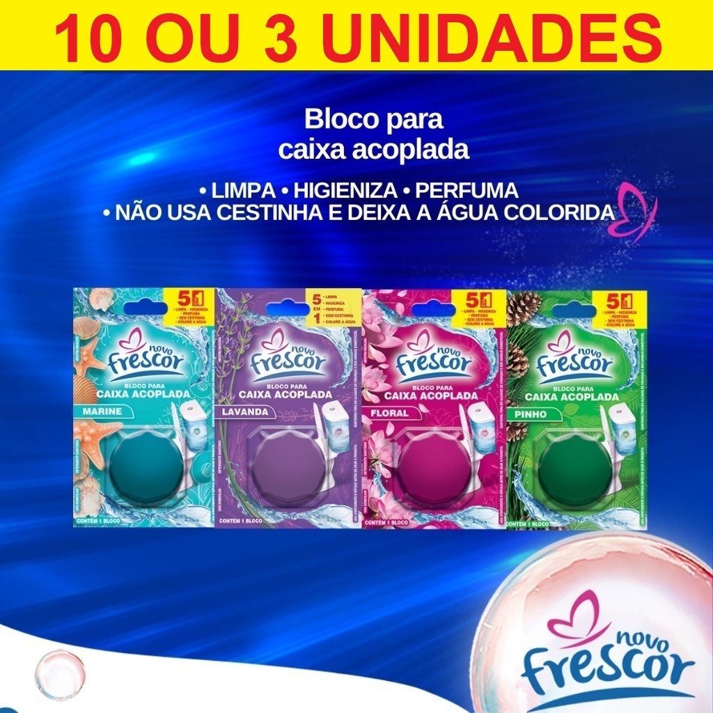 KIT c/03 ou 10 Pastilhas Blocos Para Caixa Acoplada 45g Novo Frescor Tablete Pastilha Sanitário