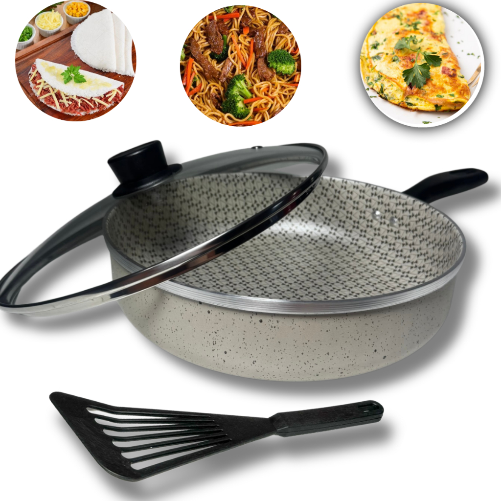 Frigideira 24 CM antiaderente com fundo usinado + Tampa de vidro. em Oferta na Shopee