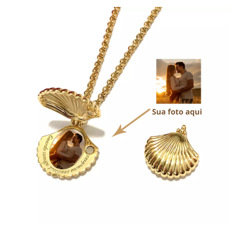 Colar Relicário Feminino Concha com Foto Personalizada Gargantilha Presente Personalizado